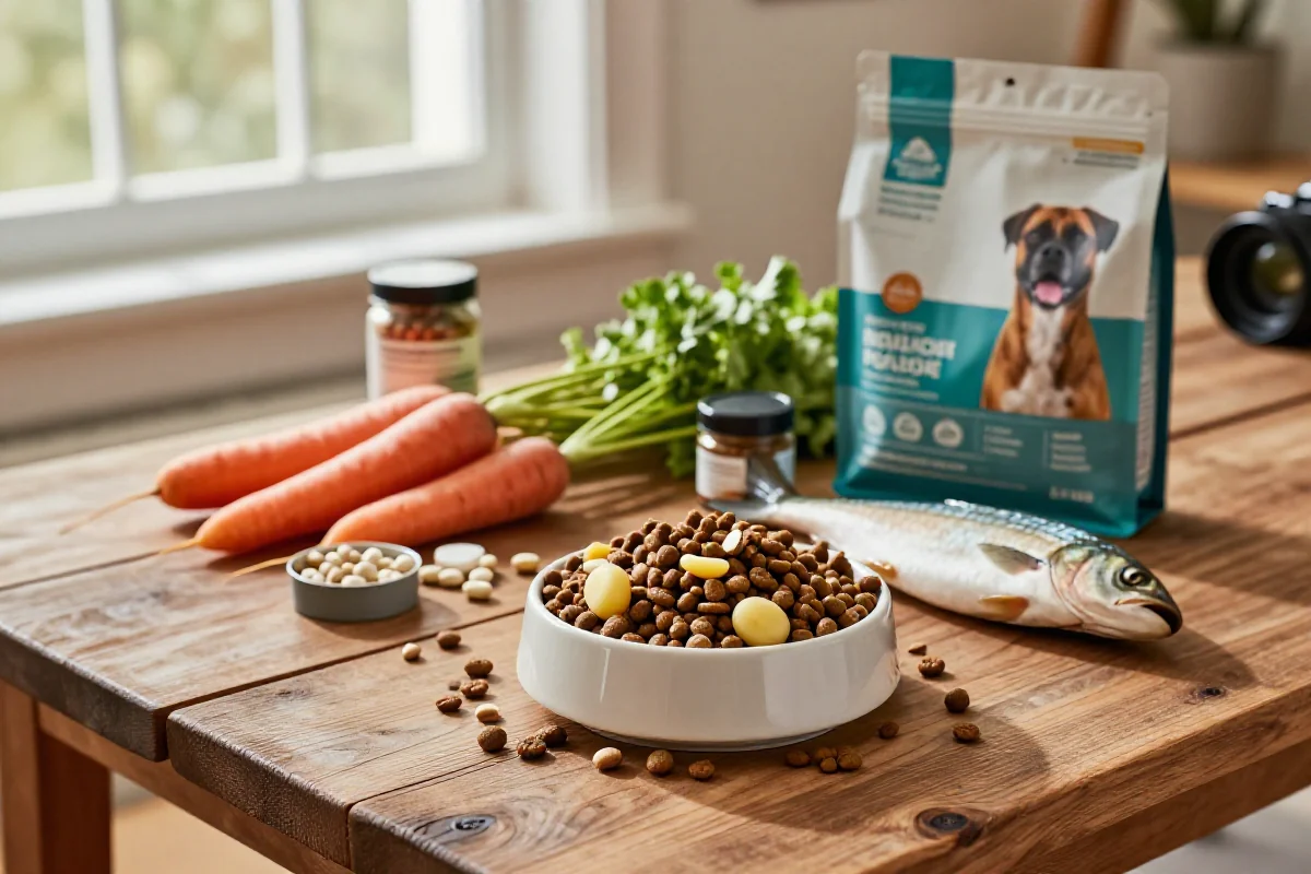 Bolle med hundemat og lokale ingredienser på et rustikt bord.