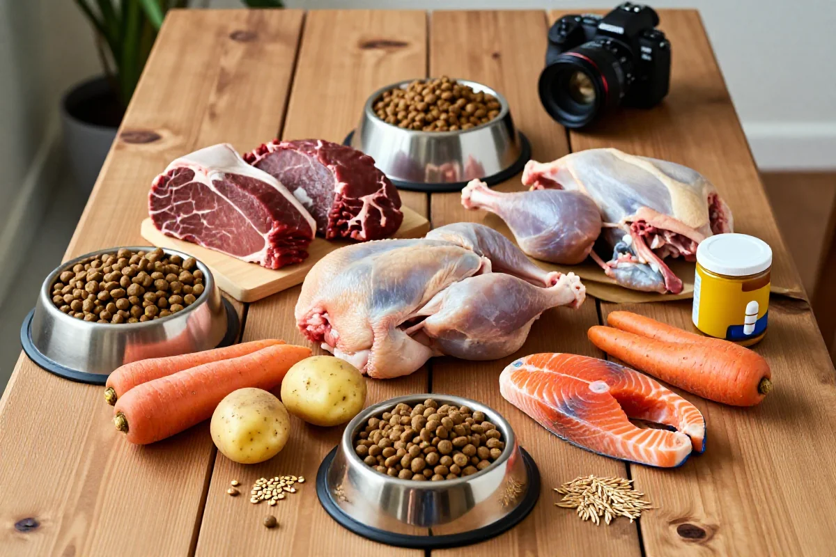 Friske, lokale ingredienser til hundemat på et rustikt bord.