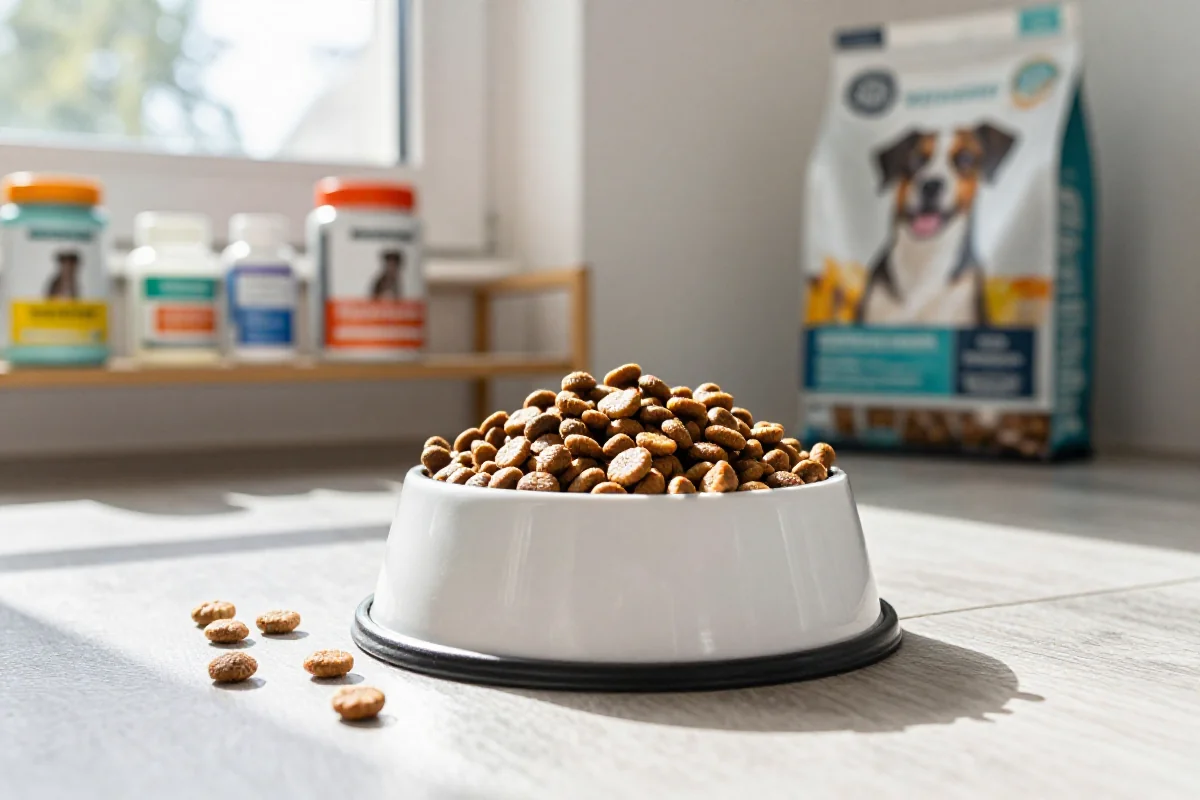 Fôring av hund med tørrfôrkibble i moderne matskål i lyst kjøkken