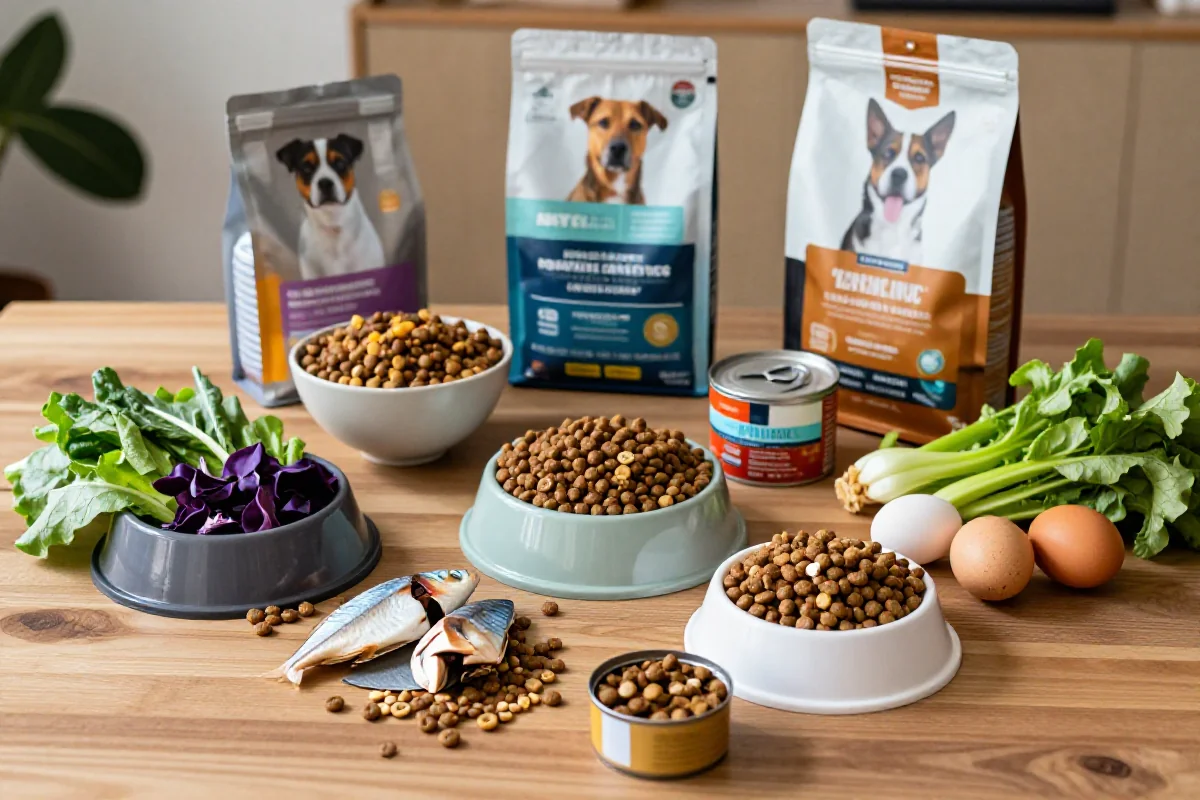 Ulike hundematprodukter med ingredienser som kjøtt, grønnsaker og kibble.
