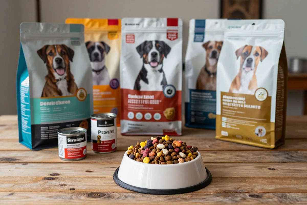 Variasjon av hundematprodukter på et rustikt bord, inkludert tørrfôr og våtfôr.