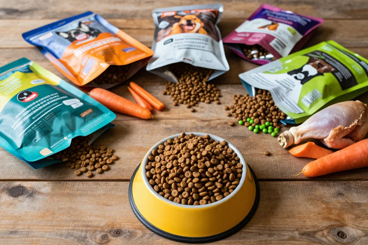 Variert hundefôr med kibble og ferske ingredienser på et trebord