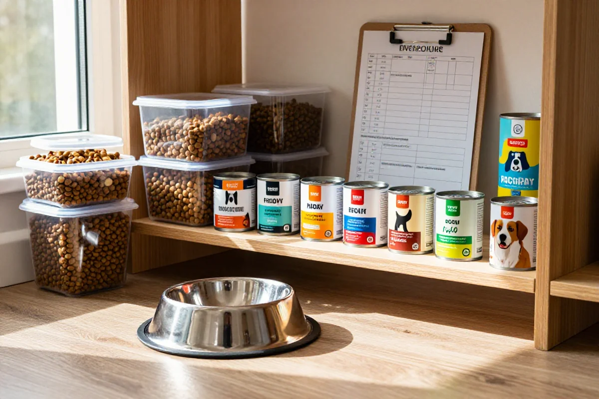Organisert hundematlager med tørrfôr, våtfôr og tilskudd.