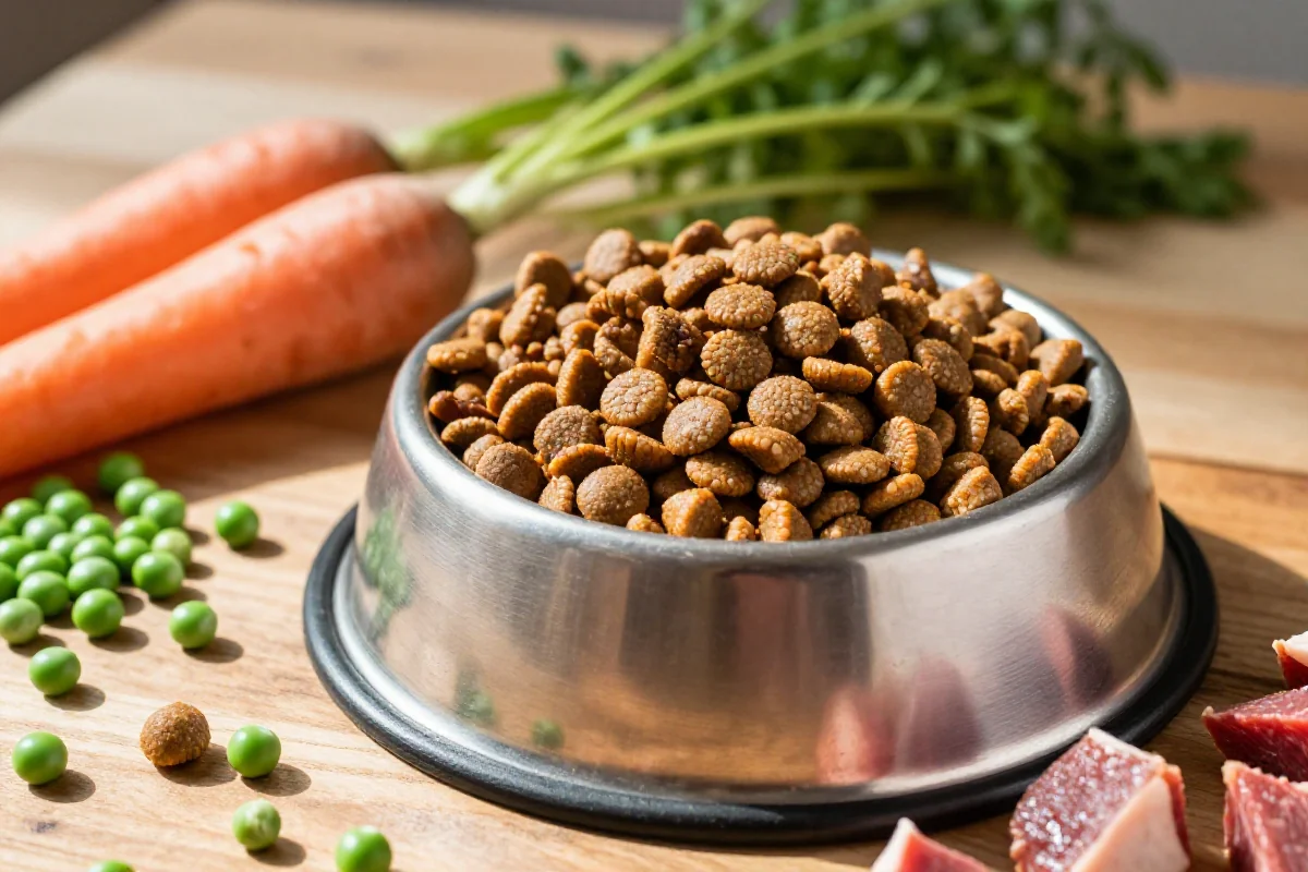 Hundematbolle med tørrfôr og friske ingredienser som gulrøtter og erter.