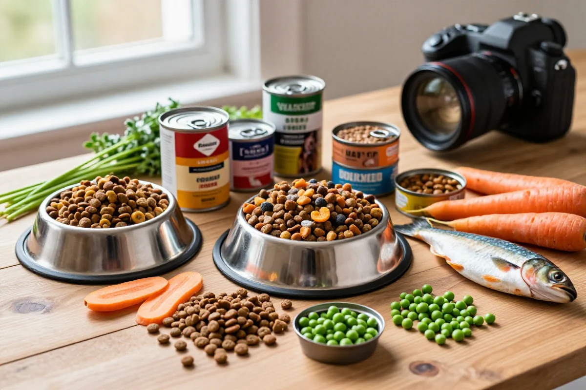 Fargerik hundemat med tørrfôr, våtfôr og ferske ingredienser for forebyggende ernæring.