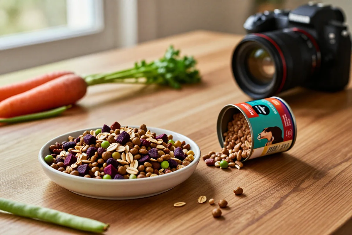 Ulike hundemattyper og grønnsaker på et bord, som øker fiber i hundens kosthold.