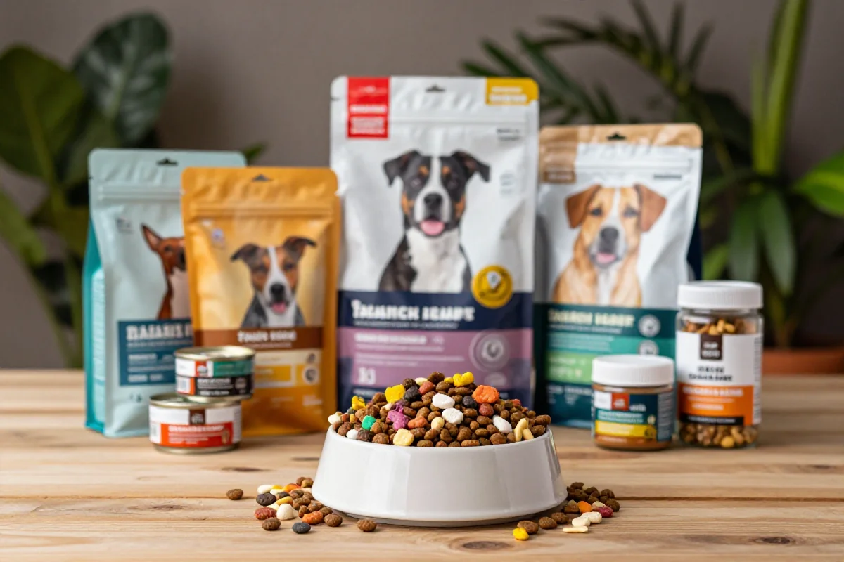 Variert hundefôr for mellomstore hunder med kibble og våtfôr på bordet.
