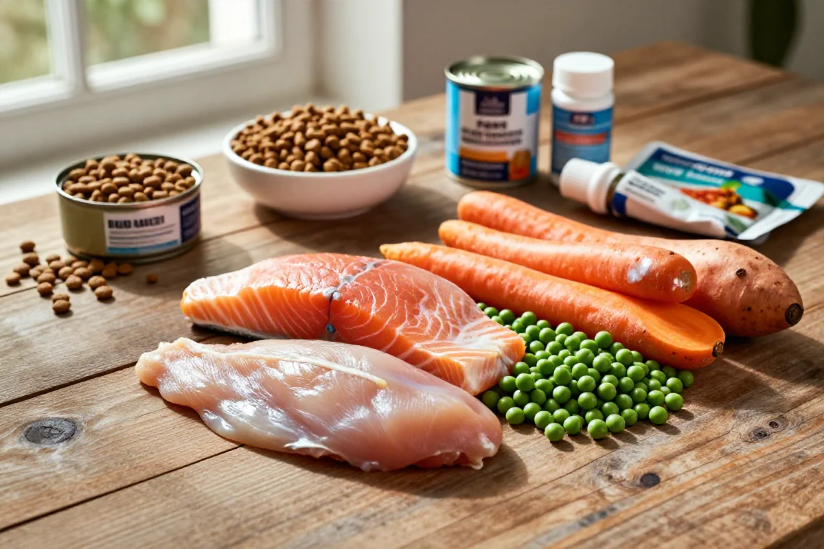 Hundeingredienser av høy kvalitet som kylling, laks, grønnsaker og hundemat.