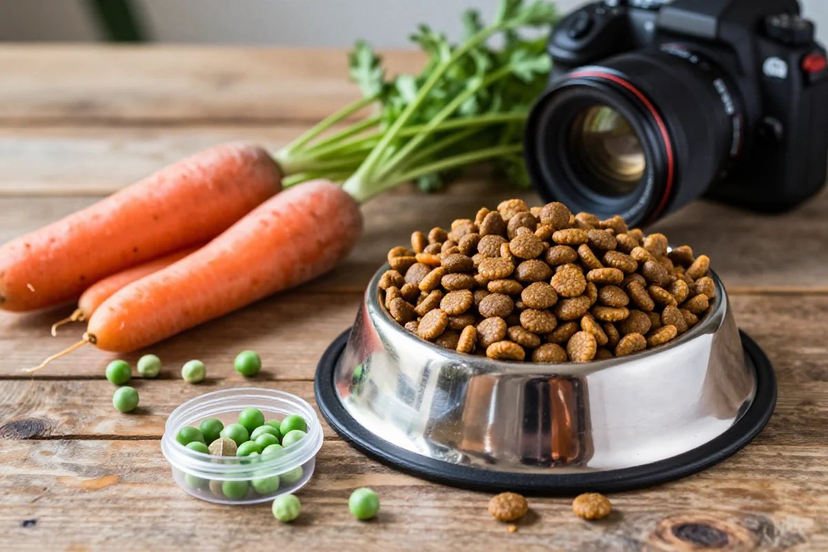 Høy kvalitet hundemat ingredienser på trebord med hundemat og grønnsaker.