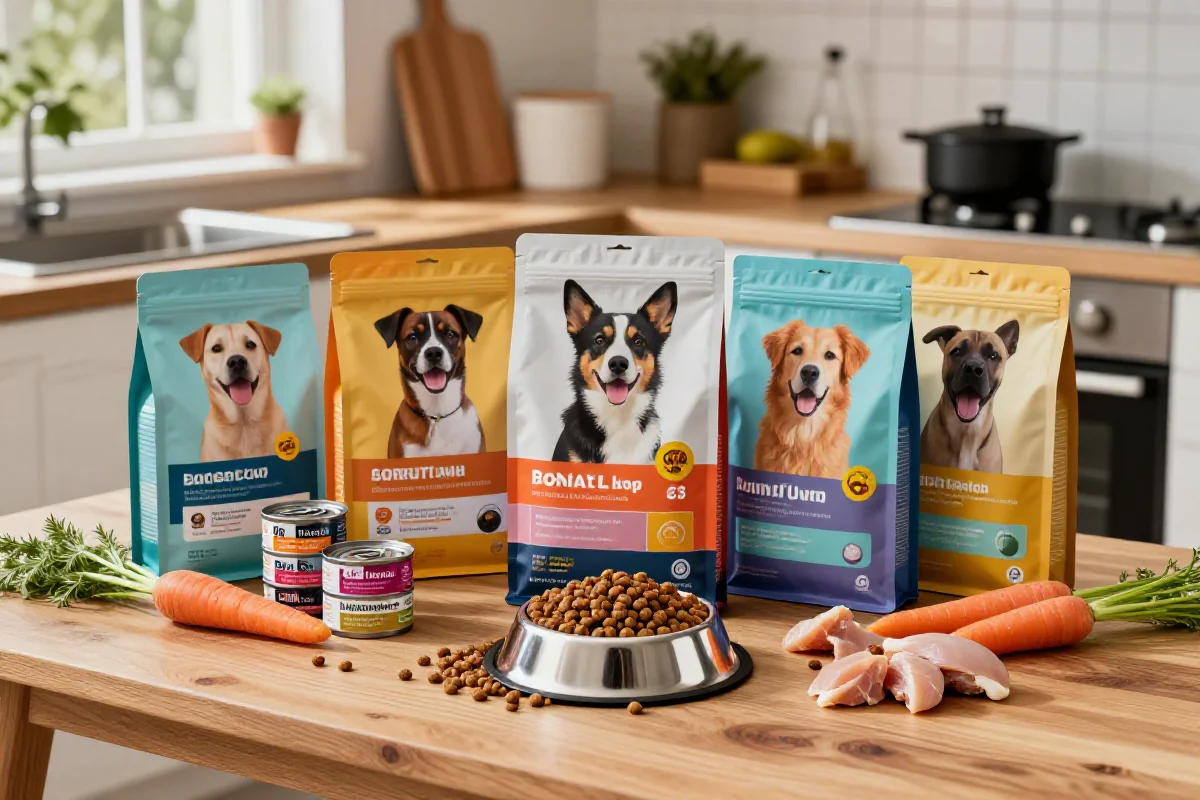 Variasjon av hundematemballasje og ingredienser på et kjøkkenbord.