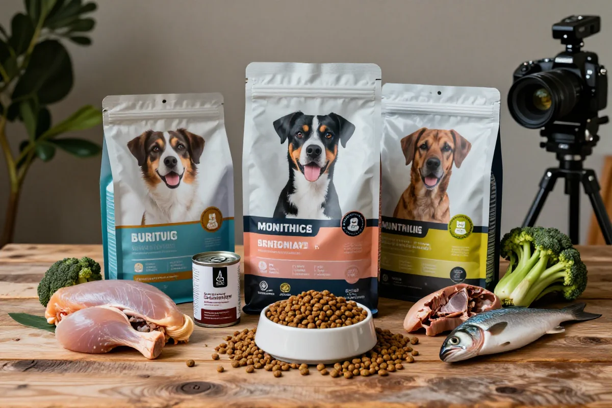 Variasjon av hundematprodukter med naturlige ingredienser for hunder