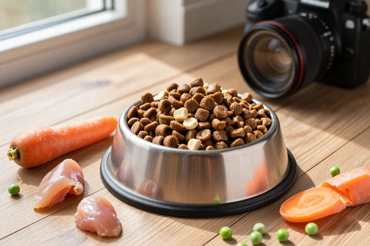 Hundeernæring med sunn tørrfôr og friske ingredienser i en hundeskål.