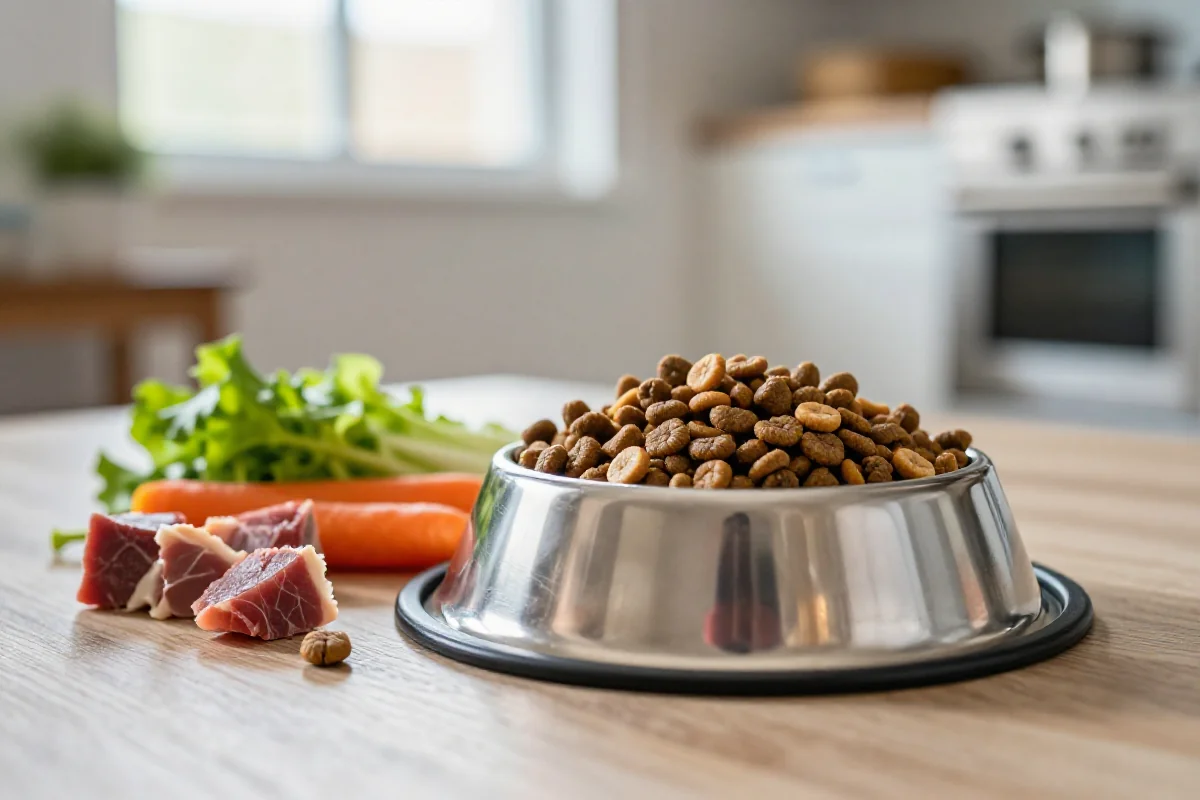 Hundemat og friske ingredienser ved en hundefôringsstasjon.
