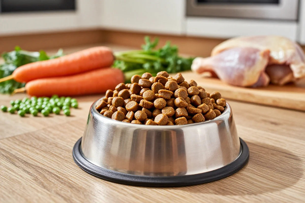 Hundeernæring med hundemat og ferske ingredienser i et kjøkkenmiljø.