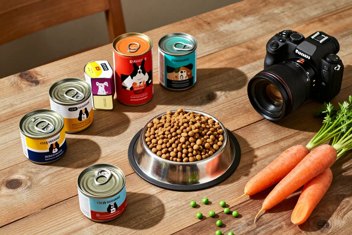 Hundefôrprodukter med kibble og våtfôr på et trebord