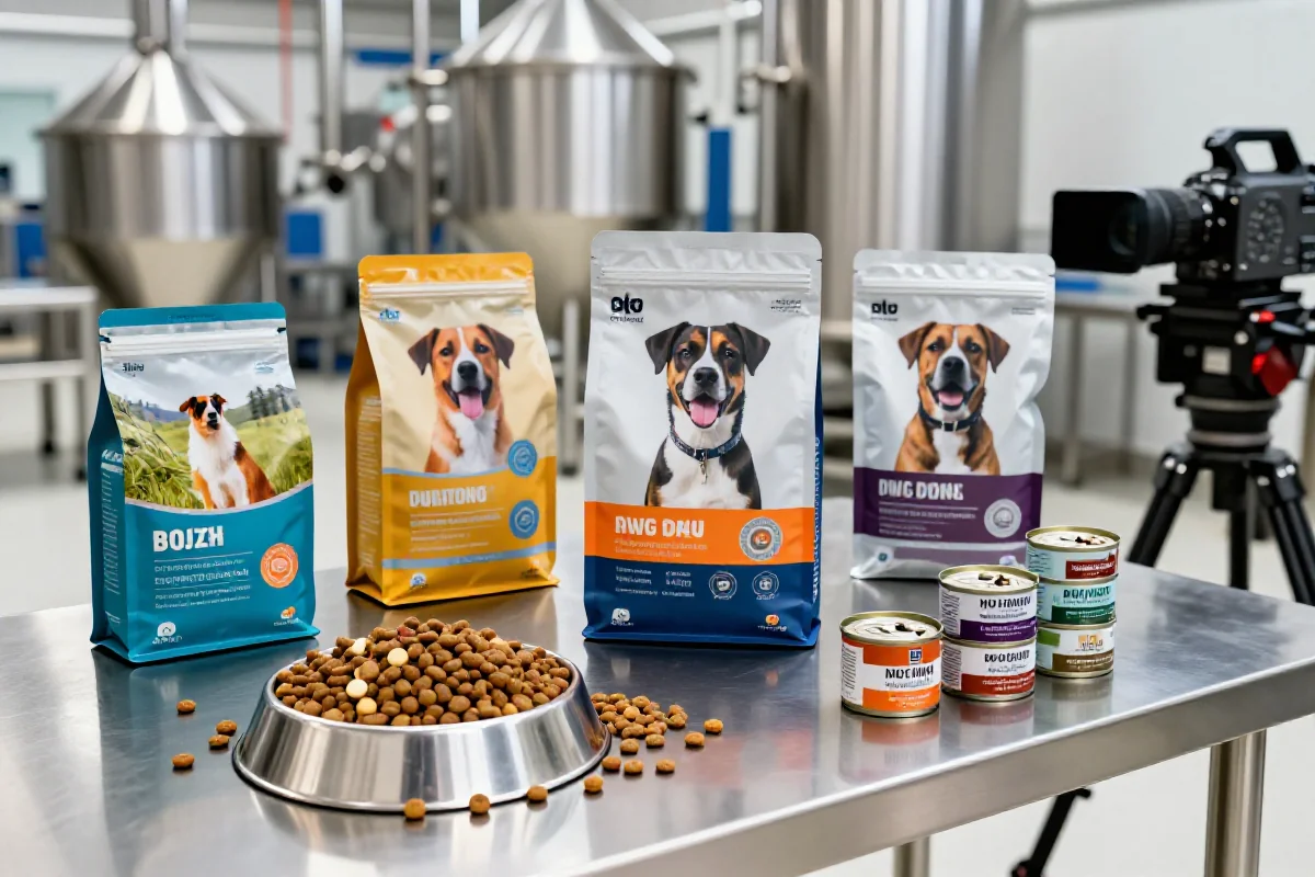 Mikrobiologisk testing i hundematproduksjon, med hundematprodukter på en benk.