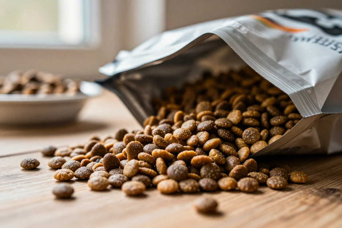 Tørrfôr til hund med en åpen sekk og kibble på bordet