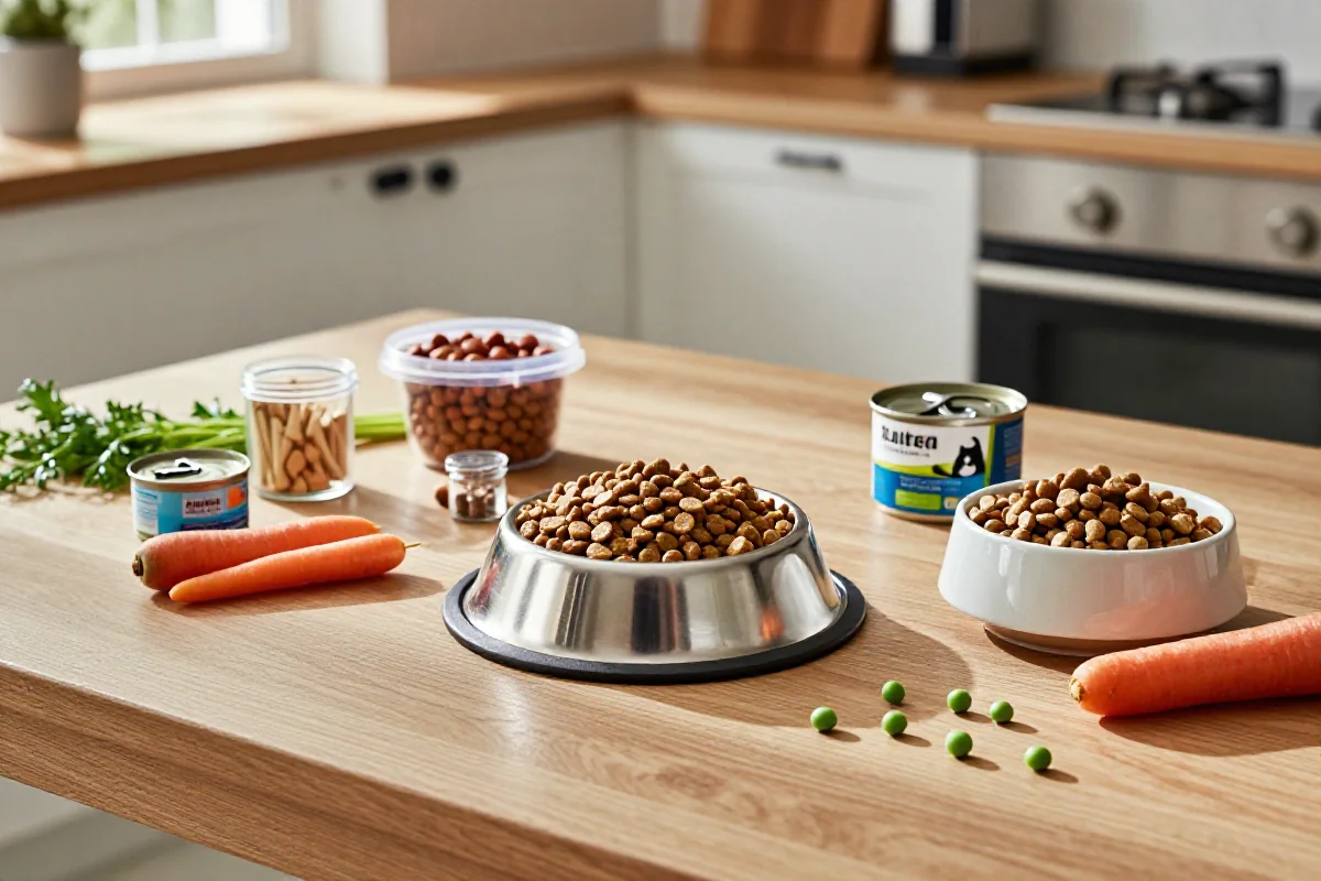 Variert hundemat og ingredienser på et kjøkkenbord, fokus på hundematernæring.