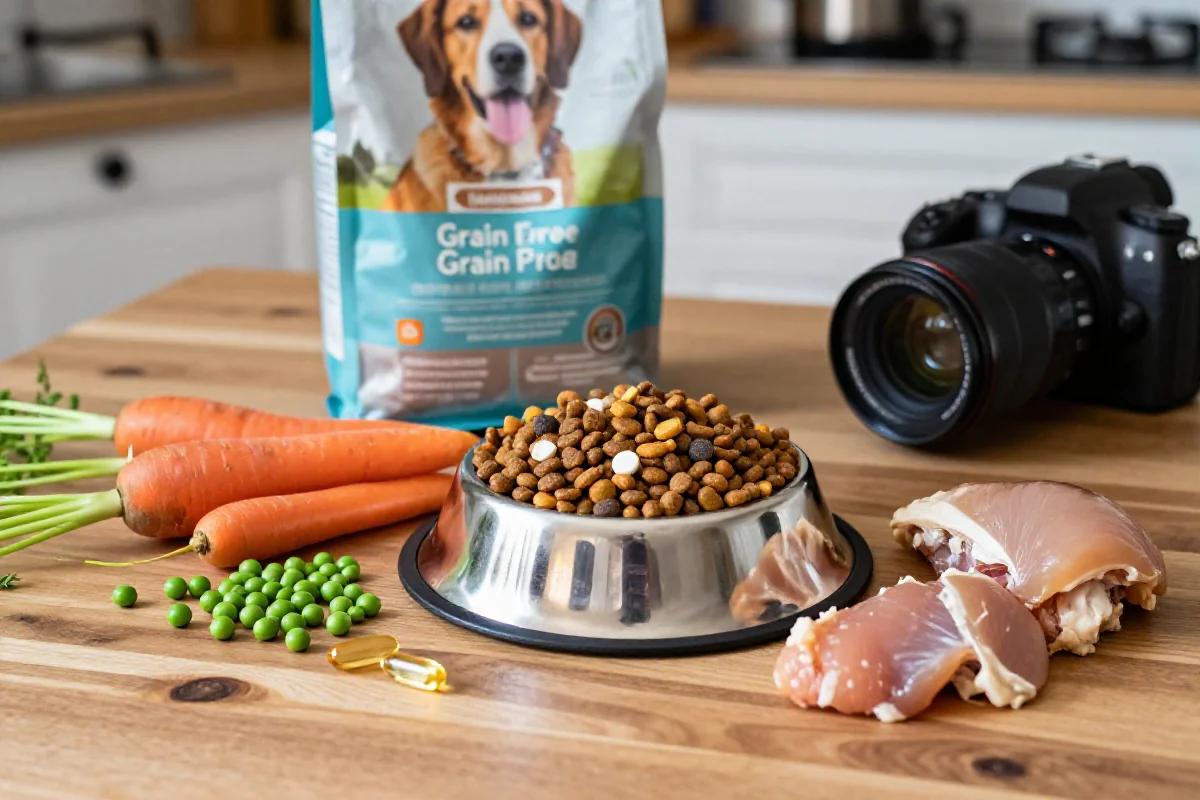 Hundemat med kibble, friske ingredienser og kosttilskudd på kjøkkenbordet.