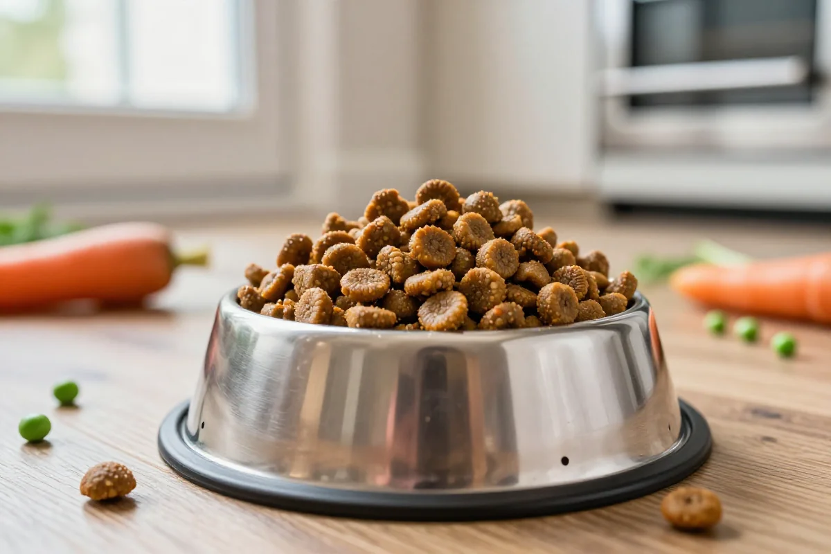 Hundematskål med tørr hundemat og friske ingredienser for hundens helse.