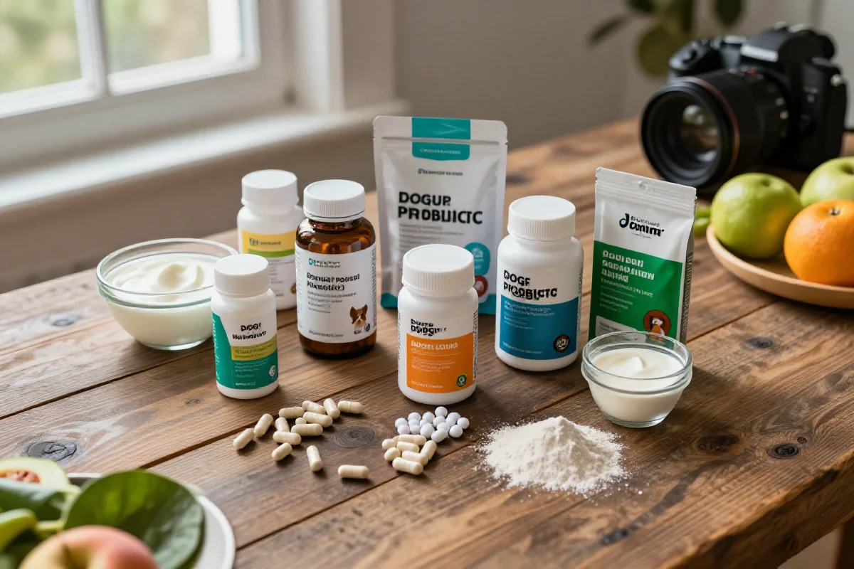 Probiotika for hunder med naturlige ingredienser på et trebord.