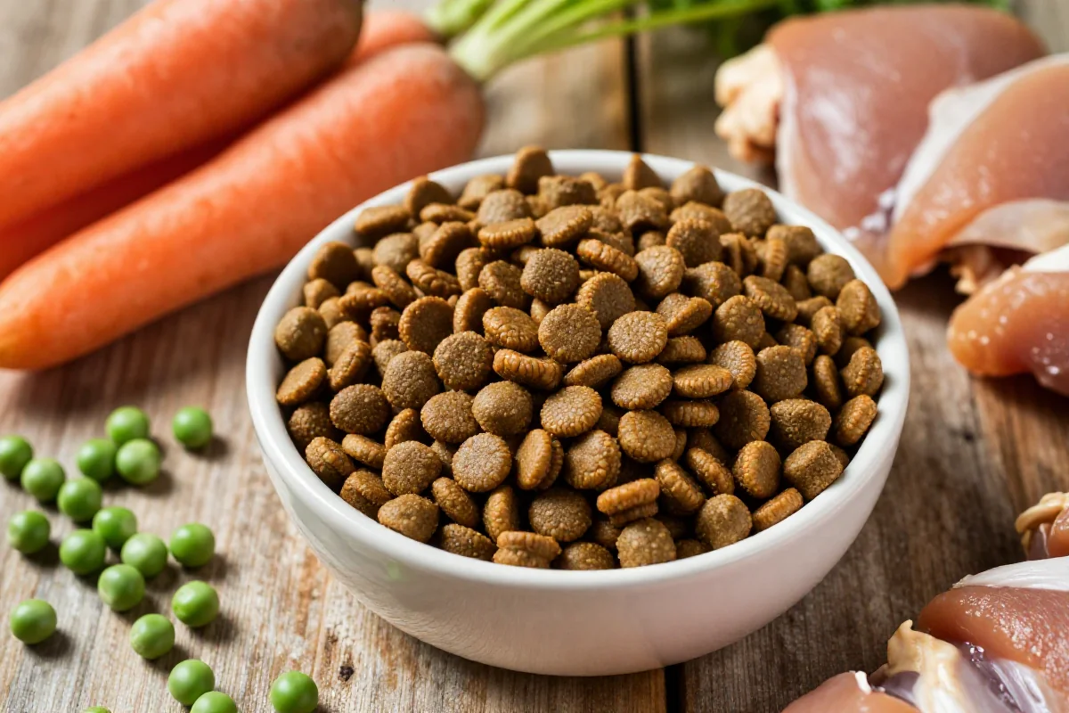 Bolle med tørr hundemat omringet av friske ingredienser for hundemat
