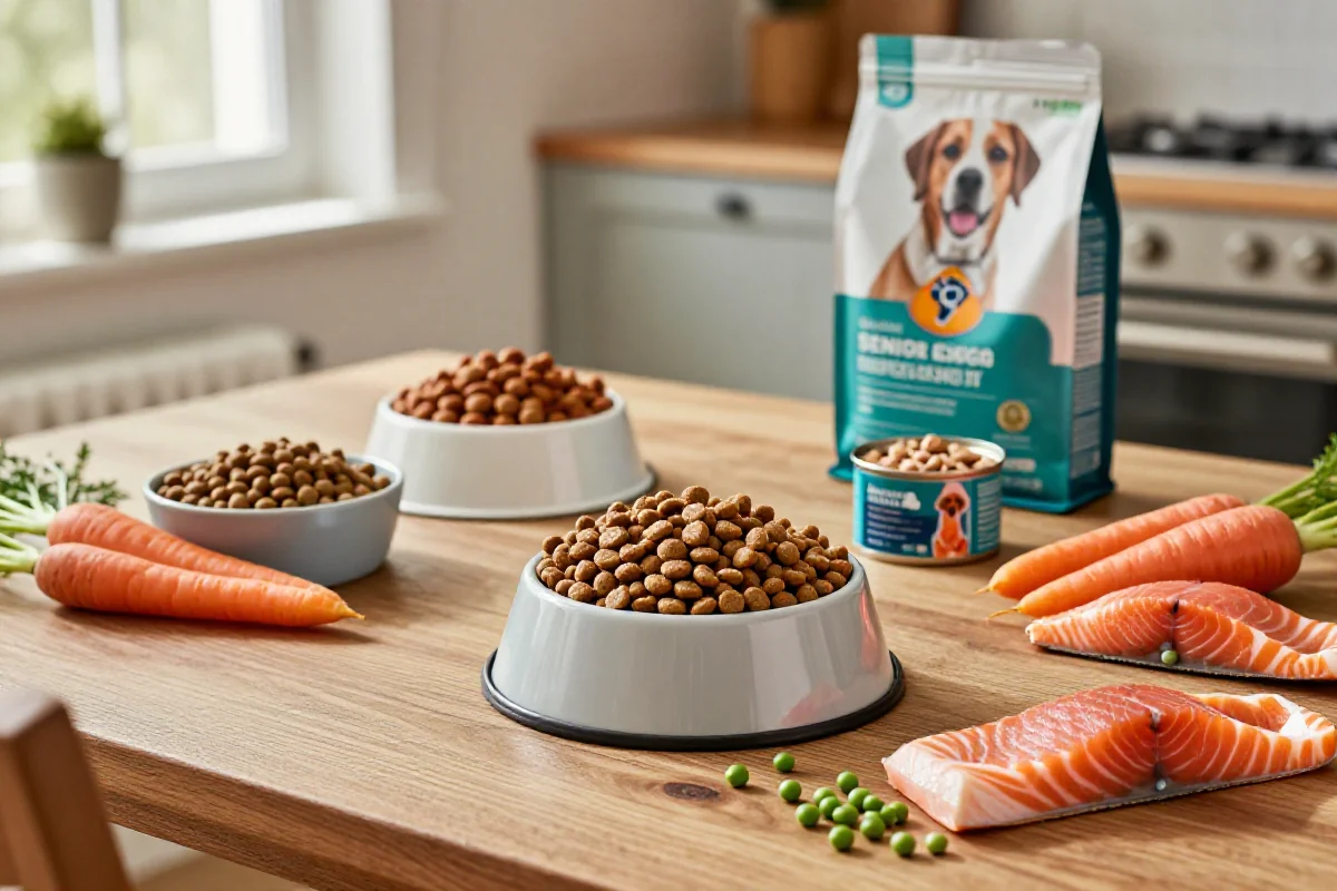 Fôr til eldre hunder med kibble og ferske ingredienser på kjøkkenbordet