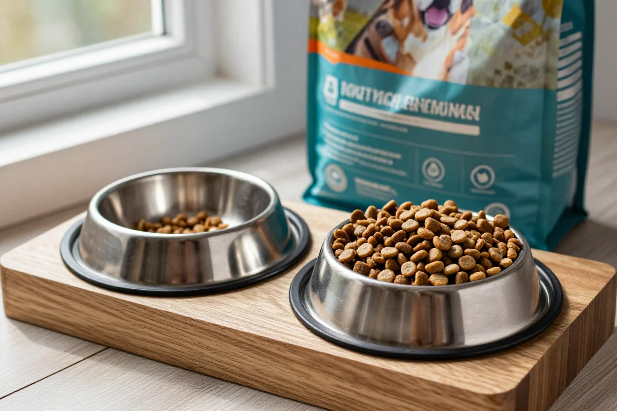 Hundeemat og skåler med tørrfôr for kastrerte hunder.