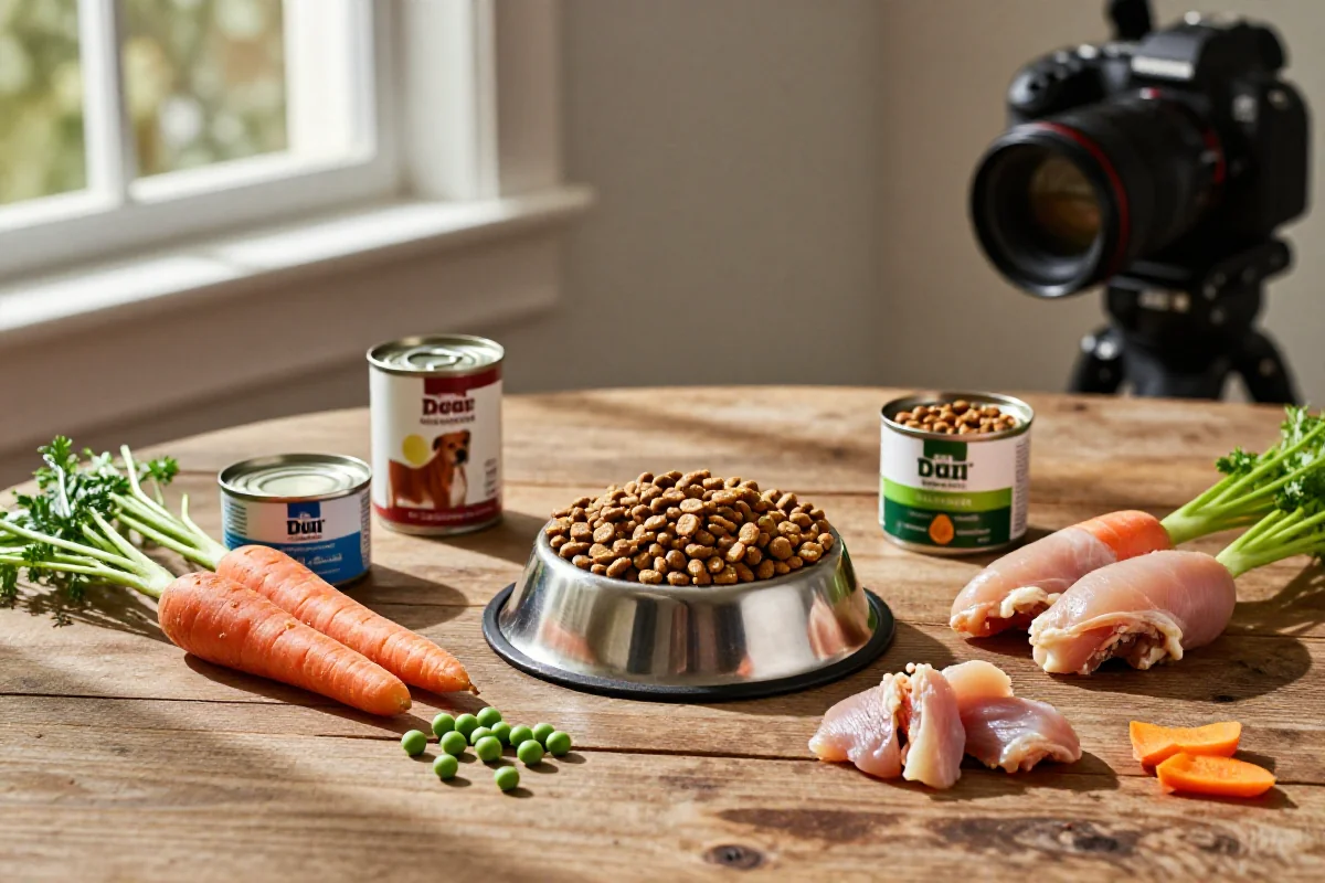 Variert hundemat med naturlige ingredienser og hundeskåler på trebord.