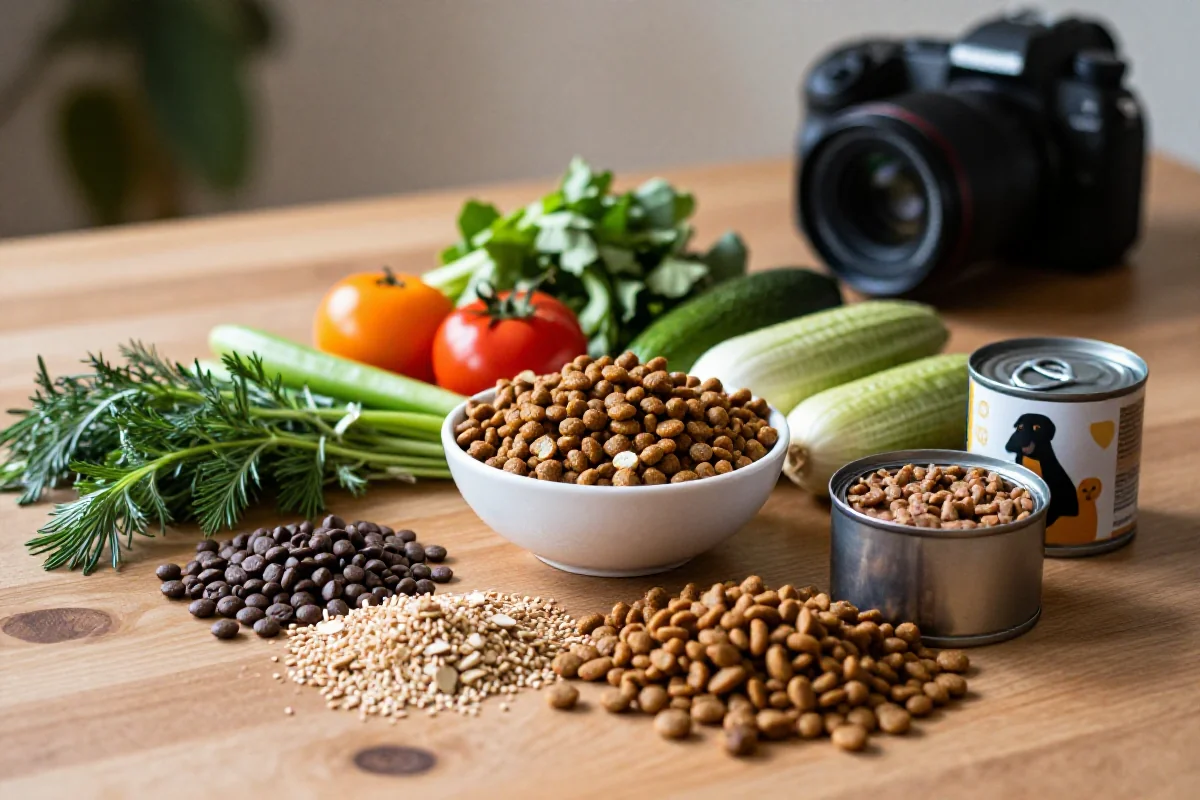 Naturlige ingredienser til hundemat, inkludert urter, frukt og tørrfôr.