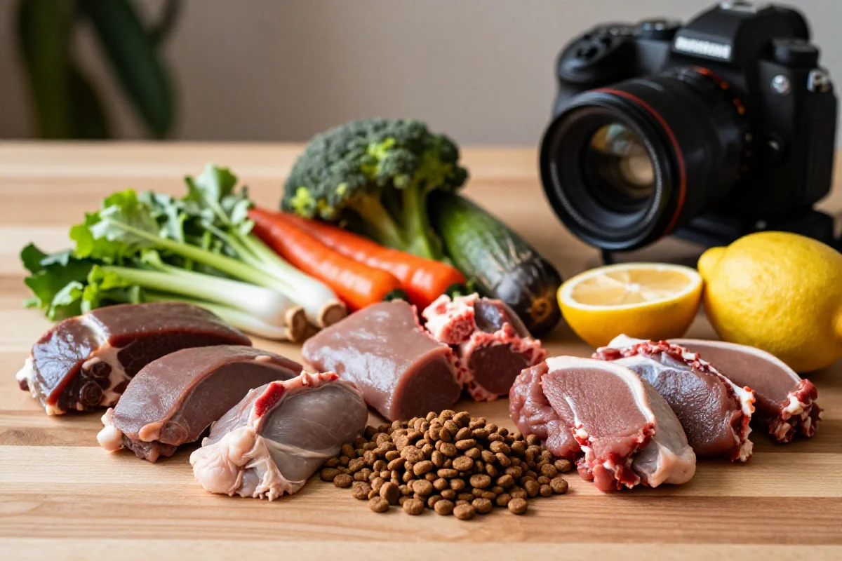 Naturlige ingredienser i hundemat som kjøtt, grønnsaker og frukt.