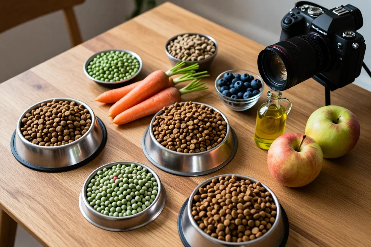 Naturlige ingredienser i hundemat som kjøtt, grønnsaker og frukt.