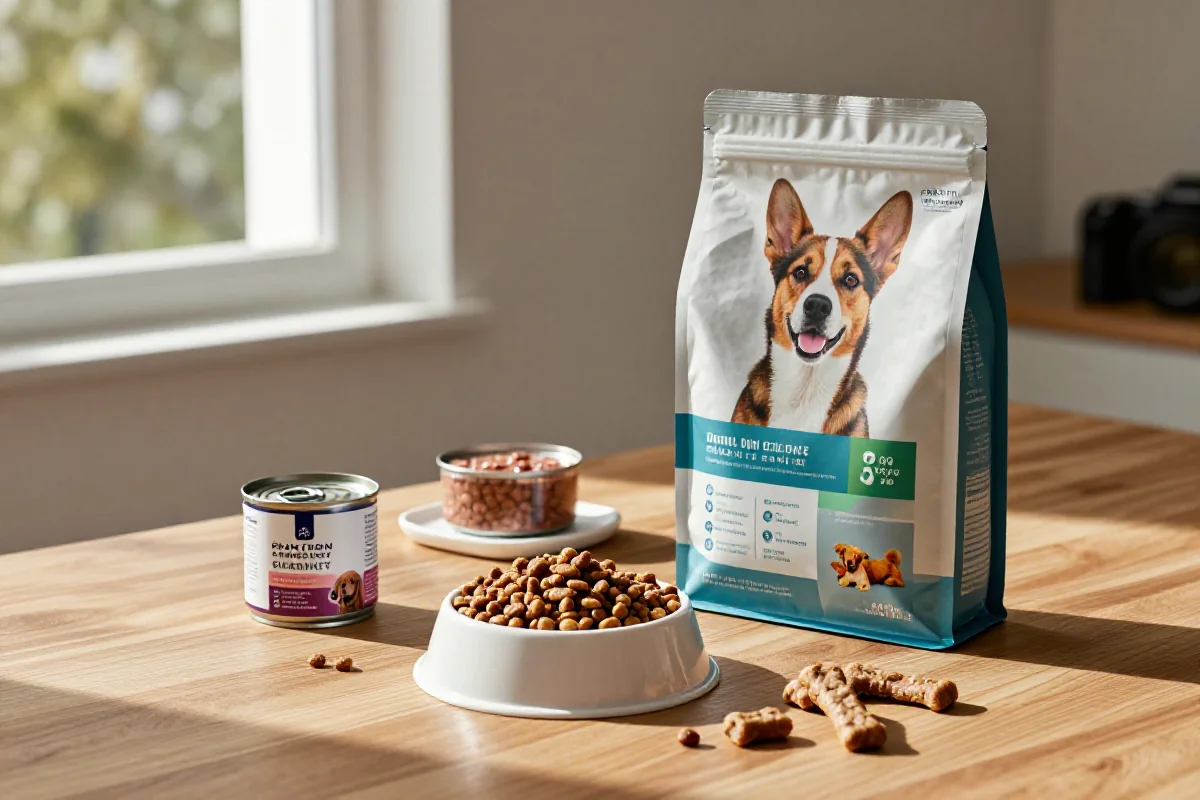 Forskellige hundematprodukter med vektangivelse og nettoinnhold på bordet.