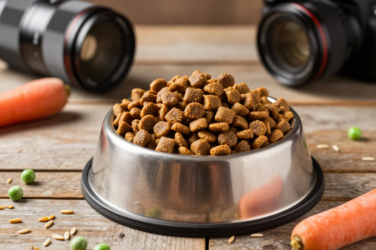 Hundematbolle med tørrfôr og ferske ingredienser på et trebord.