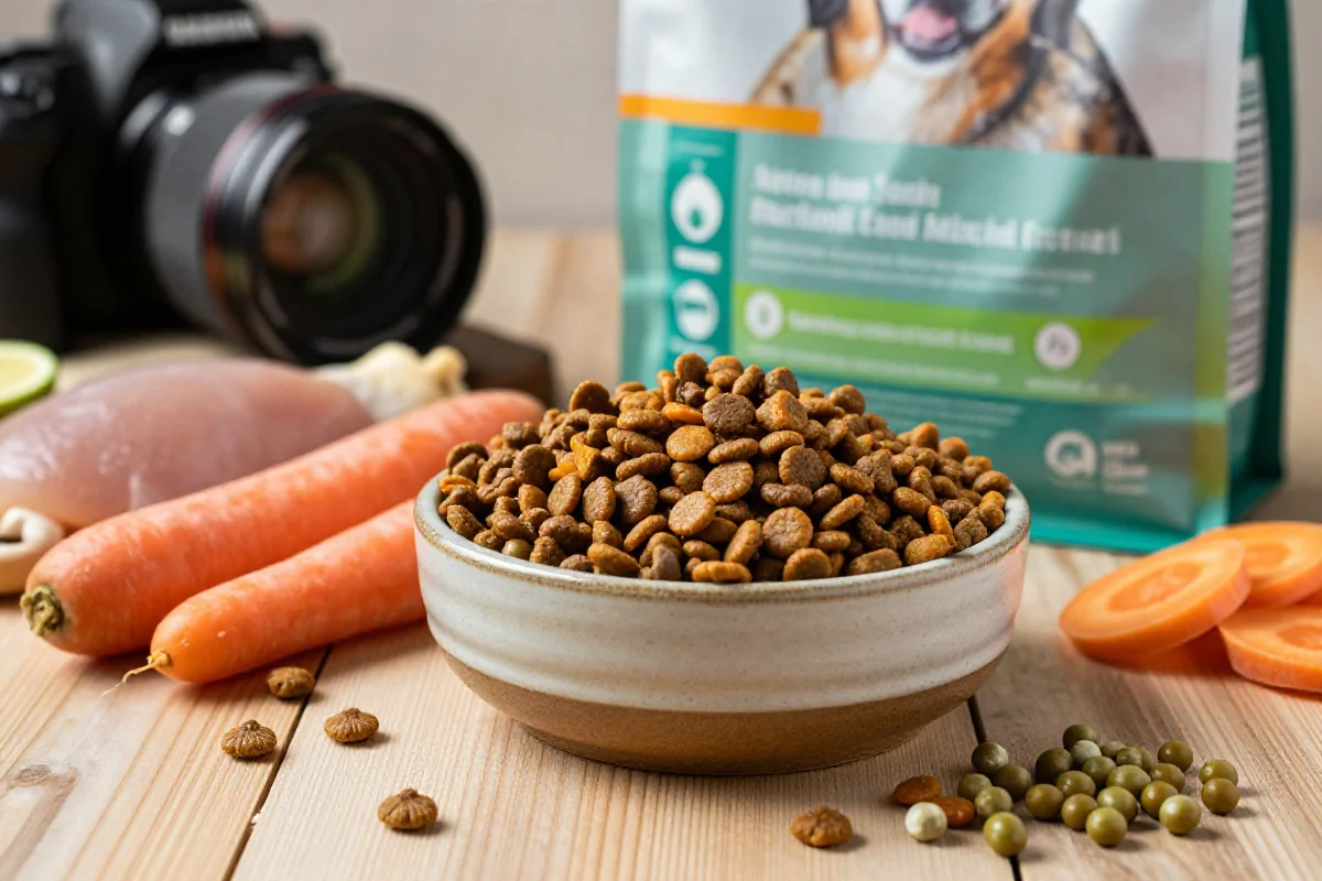 Variert hundemat og ingredienser på en treoverflate for hundemat