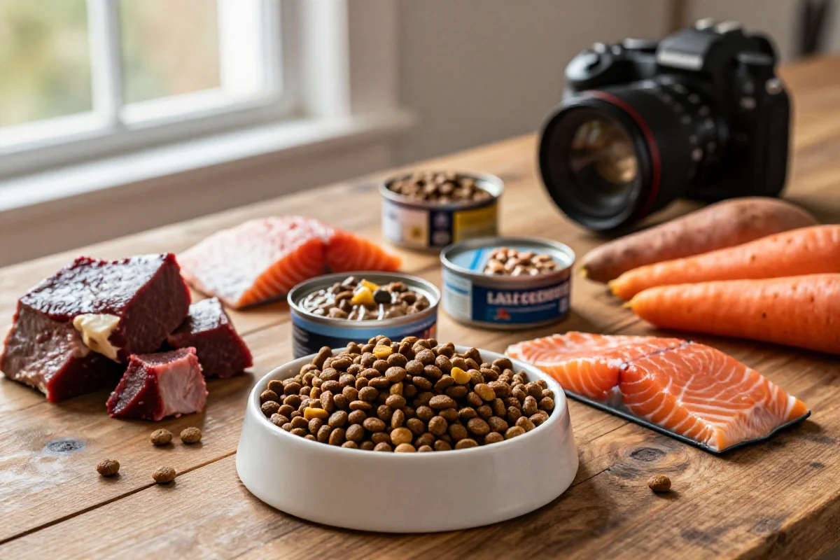 Ferske ingredienser og hundemat på et rustikt bord for hundenæring.
