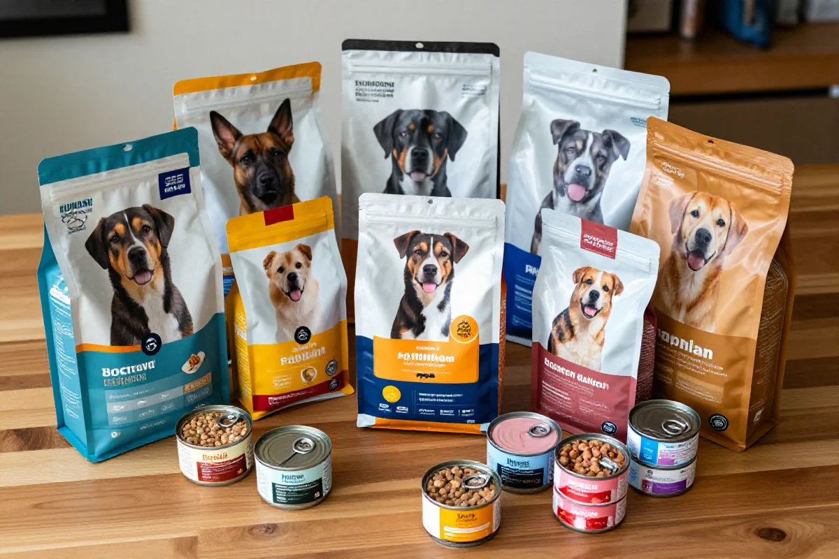Variert hundematemballasje med tørrfôr og våtfôr på trebord.