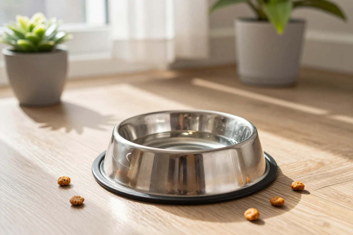 Hundeutstyr: rustfritt stål vannskål med ferskt vann og hundemat kibble.