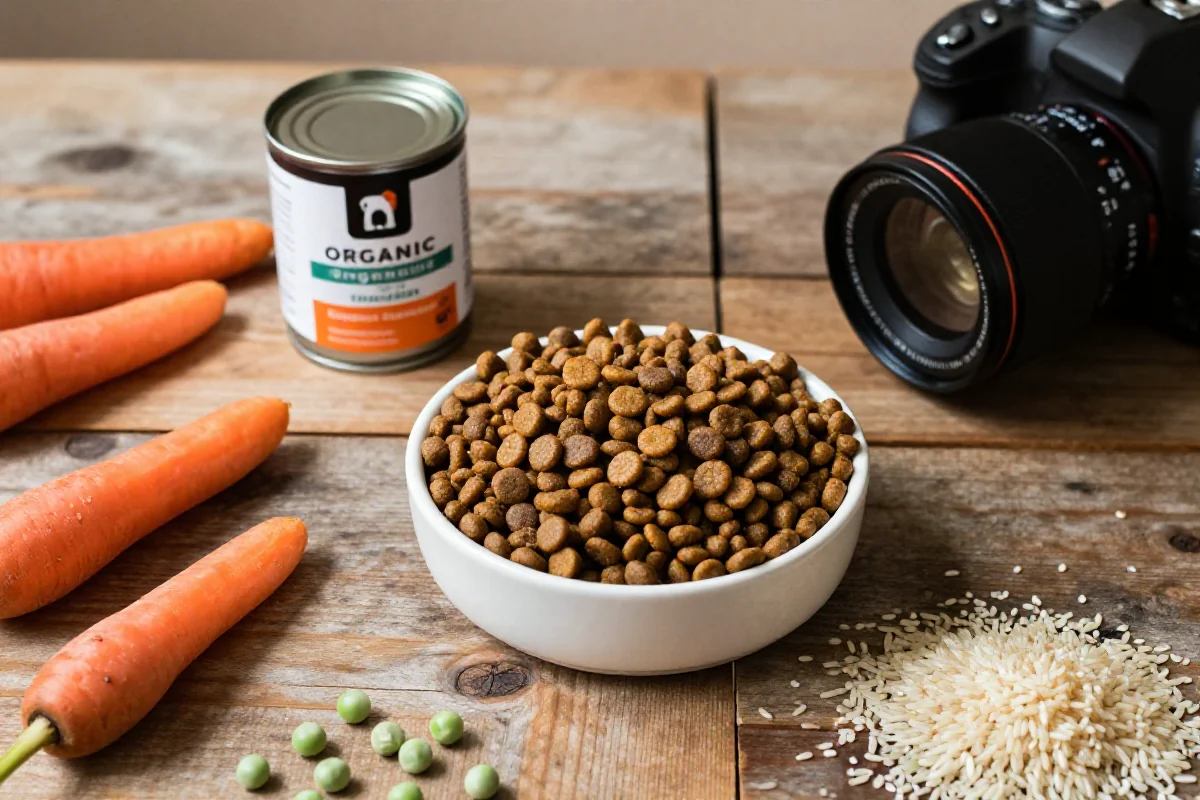 Økologisk hundemat med kibble og naturlige ingredienser på et trebord.