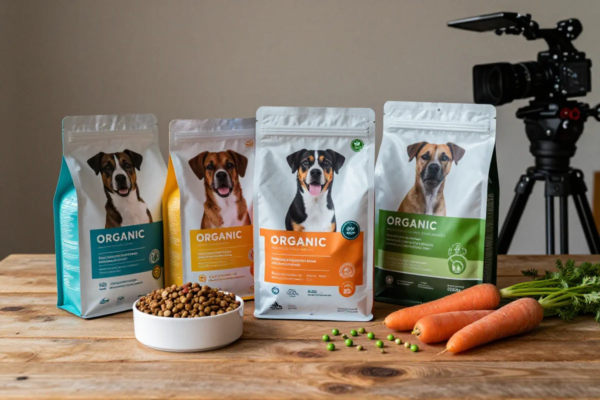 Variasjon av økologisk hundemat med kibble og friske ingredienser.