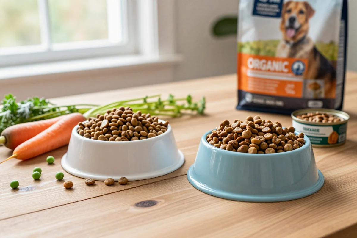 Bilde som sammenligner økologisk og konvensjonell hundemat med kibble og våtfôr.