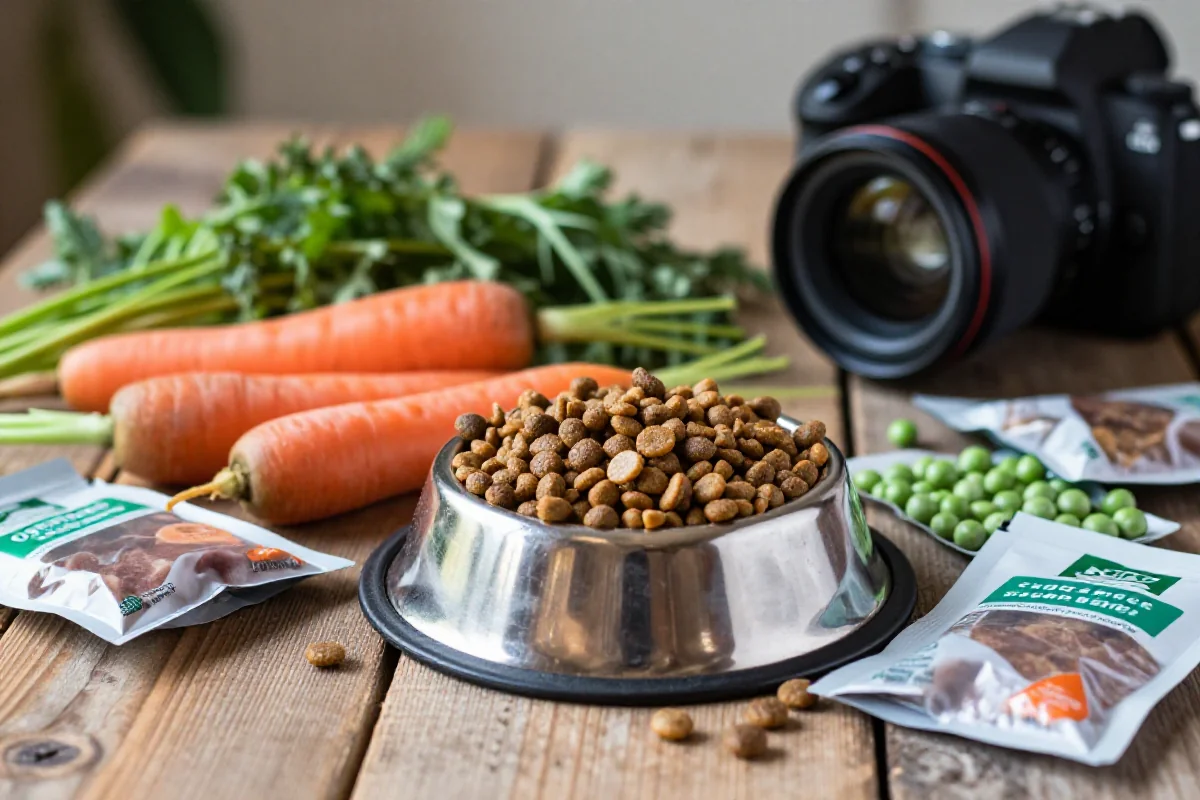 Nærbilde av økologiske ingredienser i hundemat med hundeskål og grønnsaker.