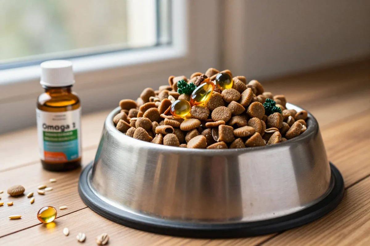 Hundemat med omega-3 ingredienser i en skål på treoverflate.