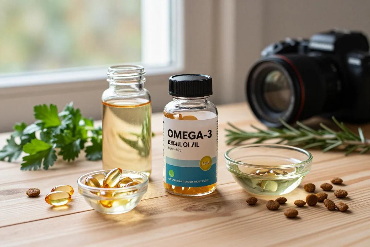 Omega-3 tilskudd for hunder med fiskeolje og krillolje på bordet.