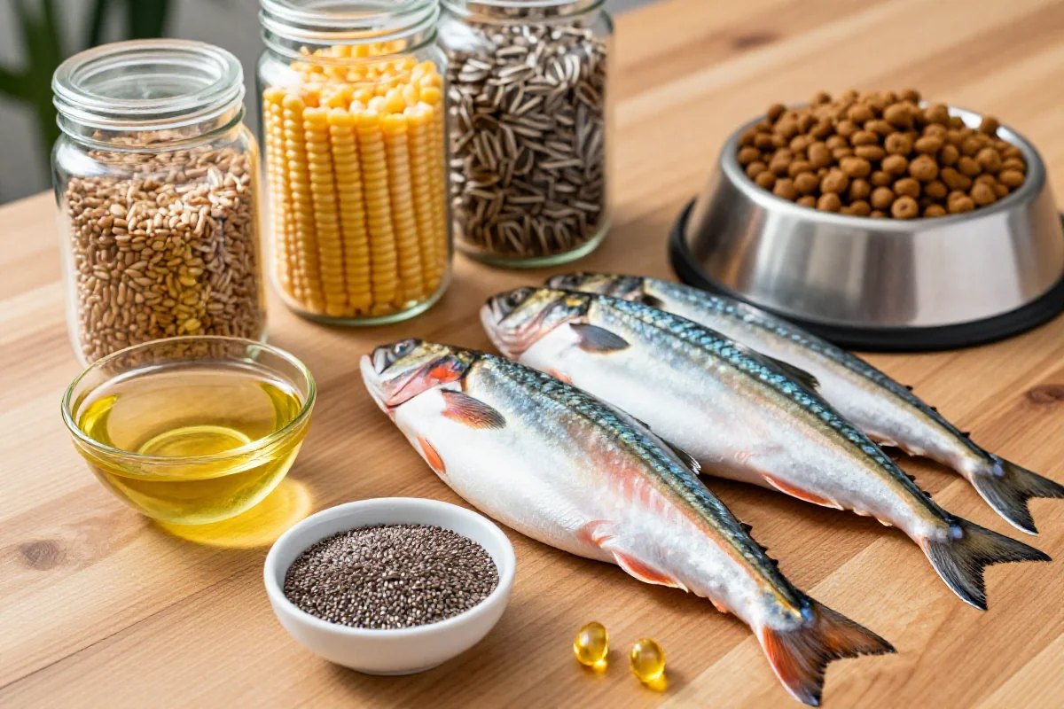 Variasjon av hundemat ingredienser med omega-3 og omega-6 kilder.
