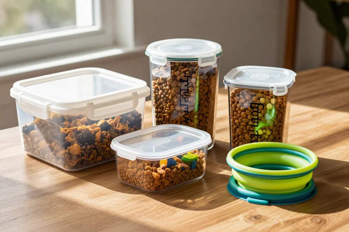 Oppbevaringsbeholdere for hundemat på et bord, inkludert plast og silikonbeholdere.