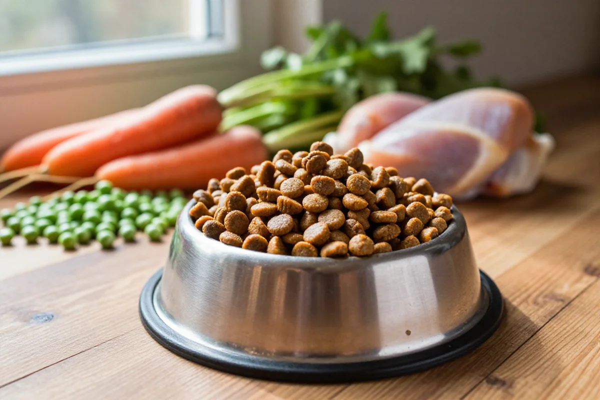 Skål med tørrfôr til hund, friske ingredienser i bakgrunnen for hundemat.