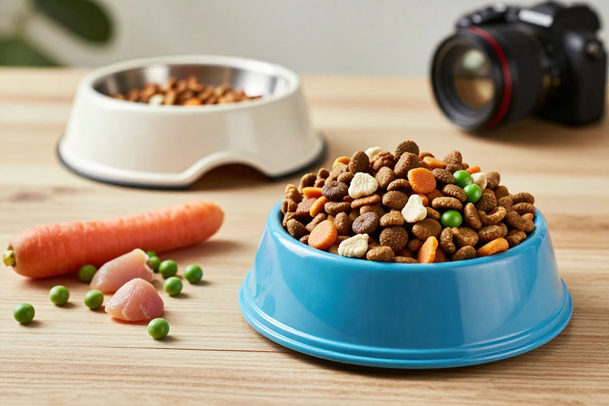 Skål med tørrfôr og friske ingredienser for hundemat