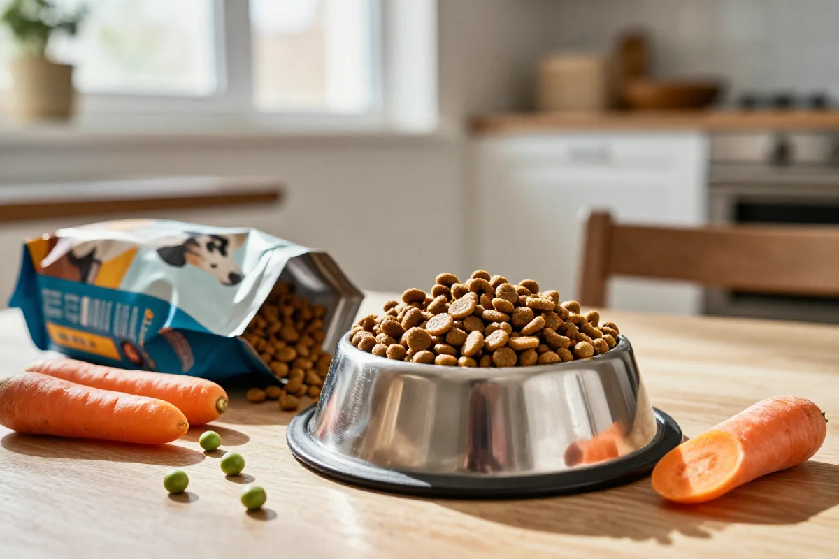 Hundefôr med kibble og friske ingredienser for vektkontroll.