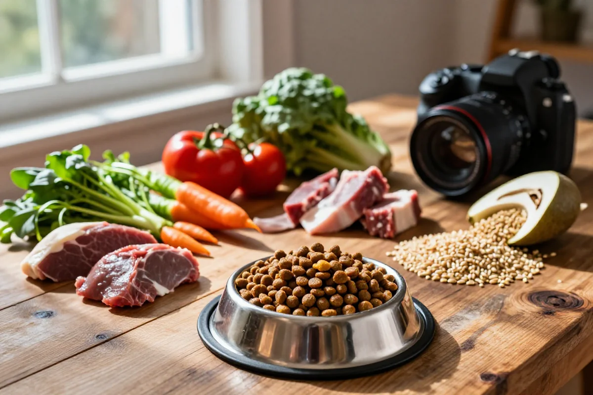 Bilde av ferske ingredienser til hundemat med kibble og grønnsaker